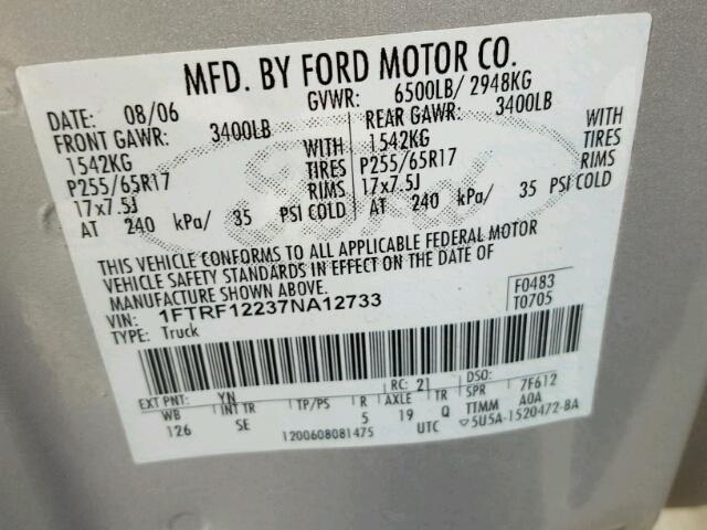 1FTRF12237NA12733 - 2007 FORD F150 GRAY photo 10