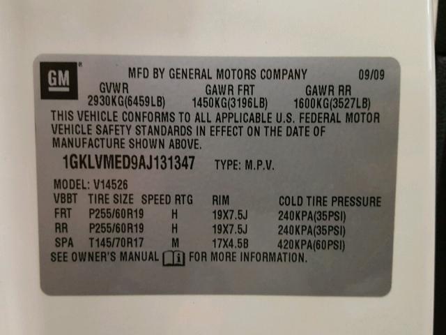 1GKLVMED9AJ131347 - 2010 GMC ACADIA SLT WHITE photo 10