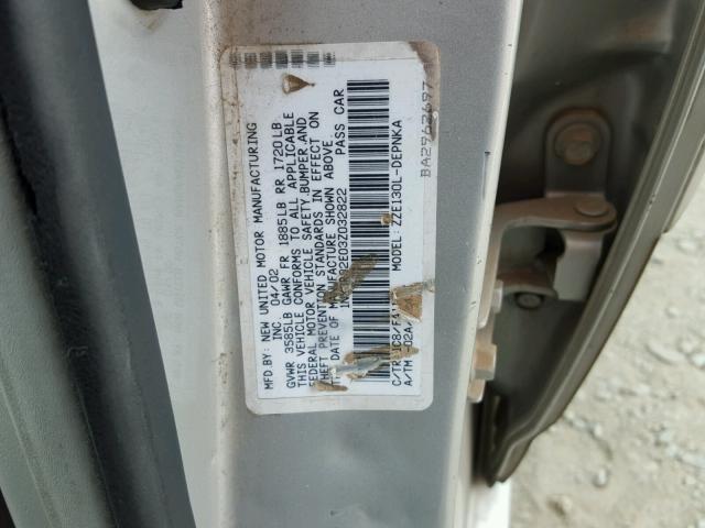 1NXBR32E03Z032822 - 2003 TOYOTA COROLLA CE SILVER photo 10