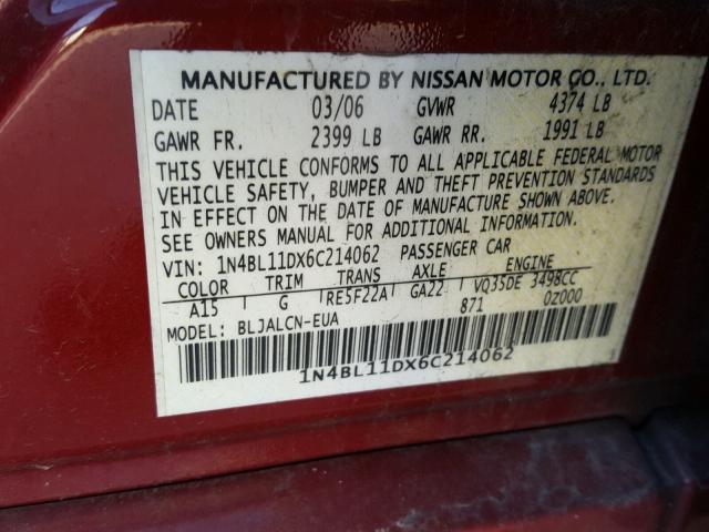 1N4BL11DX6C214062 - 2006 NISSAN ALTIMA SE MAROON photo 10