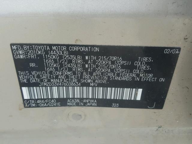 JTMZD33V476038634 - 2007 TOYOTA RAV4 GOLD photo 10