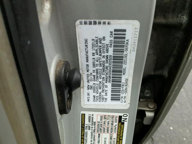 1NXBR32E64Z302928 - 2004 TOYOTA COROLLA CE SILVER photo 10