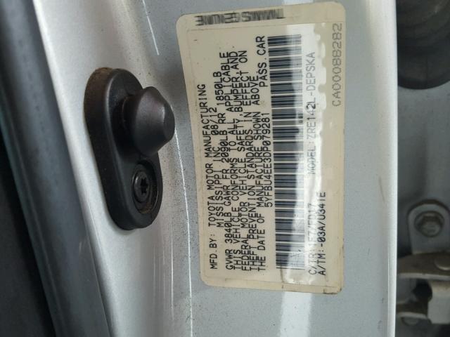 5YFBU4EE3DP079281 - 2013 TOYOTA COROLLA BA SILVER photo 10