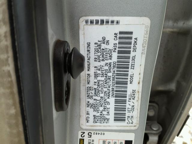 1NXBR32E88Z947800 - 2008 TOYOTA COROLLA CE SILVER photo 10