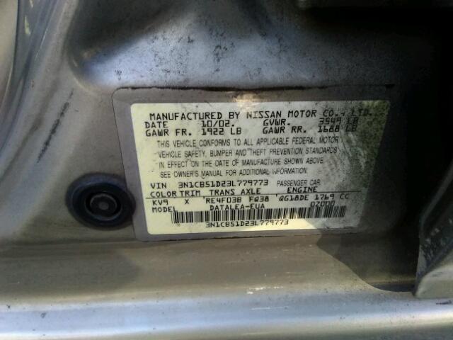 3N1CB51D23L779773 - 2003 NISSAN SENTRA XE GOLD photo 10