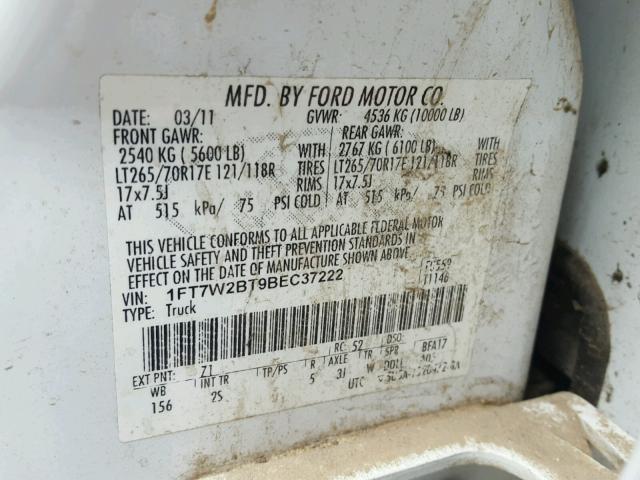 1FT7W2BT9BEC37222 - 2011 FORD F250 SUPER WHITE photo 10