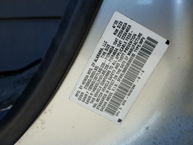 5FNRL38865B088250 - 2005 HONDA ODYSSEY TO SILVER photo 10