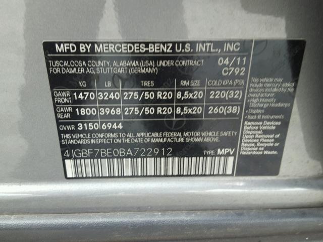 4JGBF7BE0BA722912 - 2011 MERCEDES-BENZ GL 450 4MA SILVER photo 10