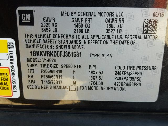 1GKKVRKD0FJ351531 - 2015 GMC ACADIA SLT CHARCOAL photo 10