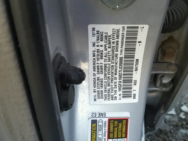 1HGFA16827L039886 - 2007 HONDA CIVIC EX 银色 照片 10