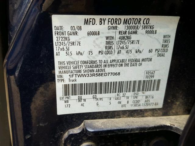 1FTWW33R58ED77068 - 2008 FORD F350 SUPER BLUE photo 10