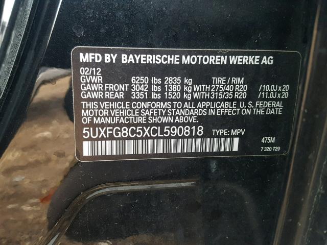 5UXFG8C5XCL590818 - 2012 BMW X6 XDRIVE5 Қара фото 10