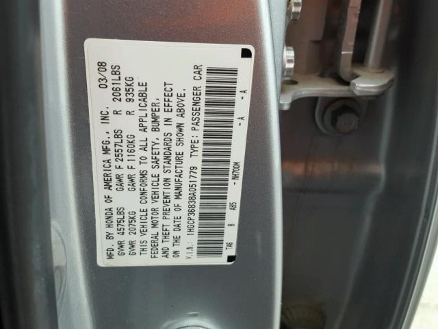 1HGCP36838A051779 - 2008 HONDA ACCORD EXL SILVER photo 10