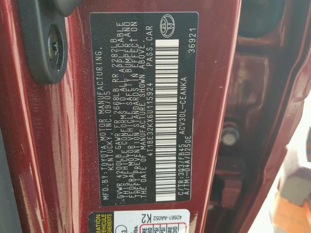 4T1BE32KX6U115924 - 2006 TOYOTA CAMRY LE RED photo 10