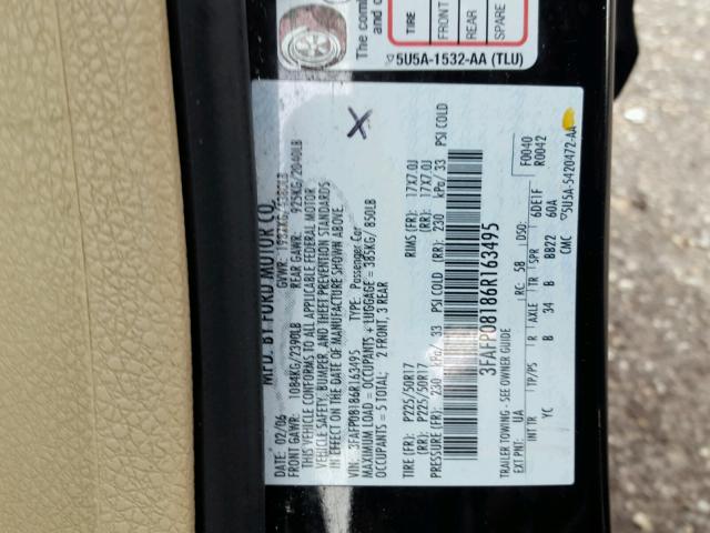 3FAFP08186R163495 - 2006 FORD FUSION SEL BLACK photo 10