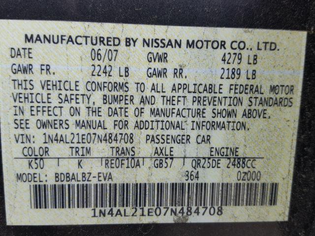 1N4AL21E07N484708 - 2007 NISSAN ALTIMA 2.5 CHARCOAL photo 10