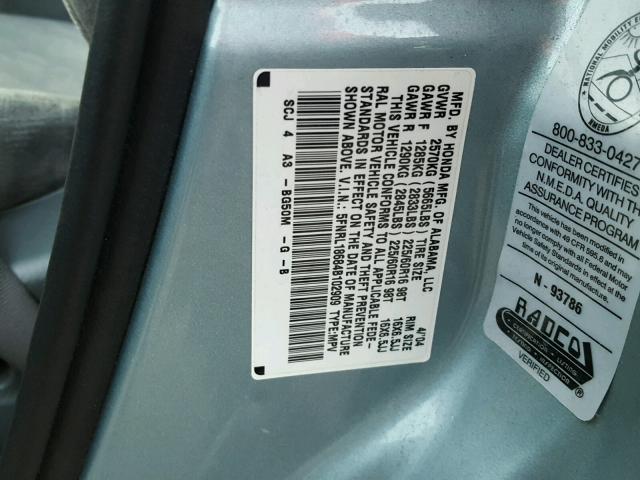 5FNRL18684B102909 - 2004 HONDA ODYSSEY EX BLUE photo 10