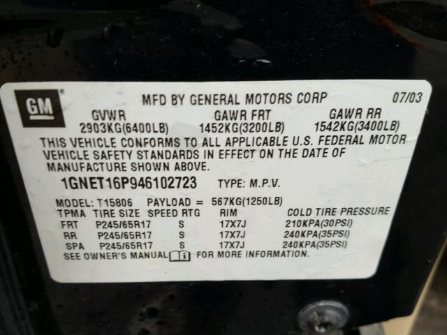 1GNET16P946102723 - 2004 CHEVROLET TRAILBLAZE BLACK photo 10