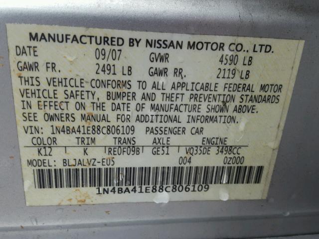 1N4BA41E88C806109 - 2008 NISSAN MAXIMA SE SILVER photo 10