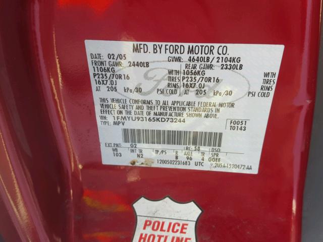 1FMYU93165KD73244 - 2005 FORD ESCAPE XLT RED photo 10