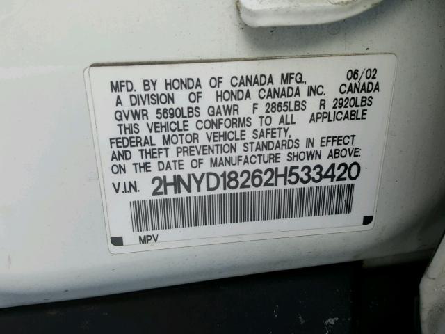 2HNYD18262H533420 - 2002 ACURA MDX WHITE photo 10