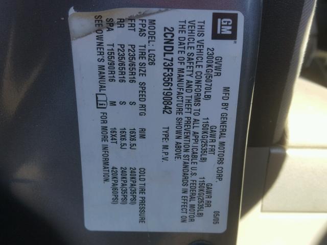 2CNDL73F356190842 - 2005 CHEVROLET EQUINOX LT GRAY photo 10