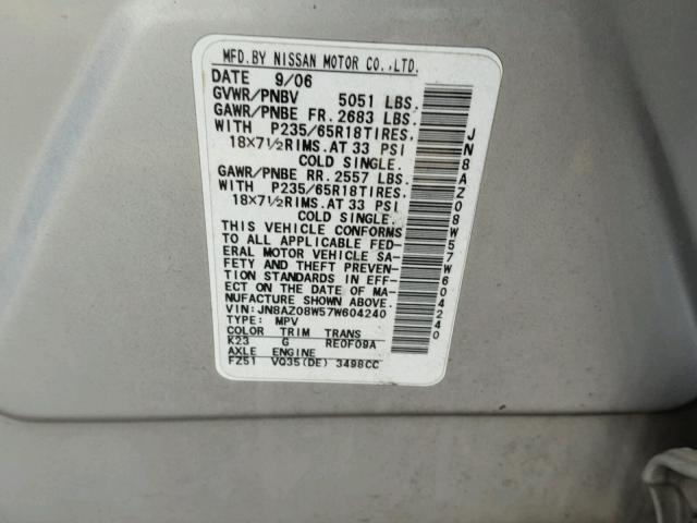 JN8AZ08W57W604240 - 2007 NISSAN MURANO SL SILVER photo 10