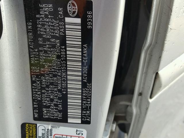 4T1BE32K15U510864 - 2005 TOYOTA CAMRY LE SILVER photo 10