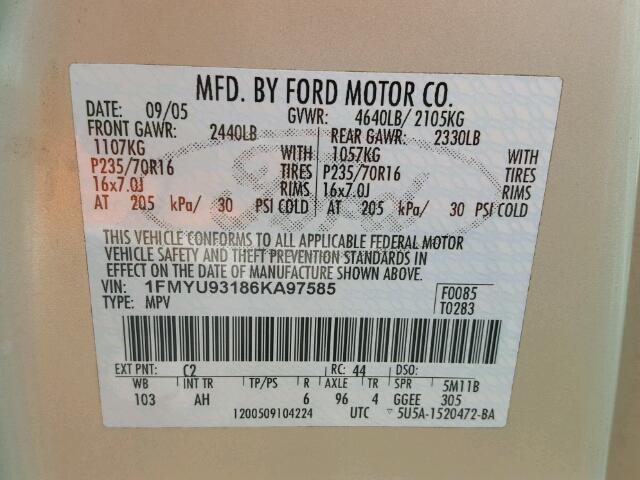 1FMYU93186KA97585 - 2006 FORD ESCAPE XLT TAN photo 10