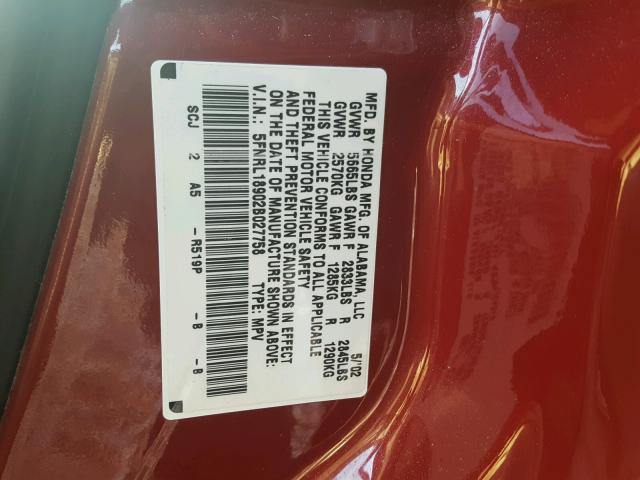 5FNRL18902B027758 - 2002 HONDA ODYSSEY EX RED photo 10