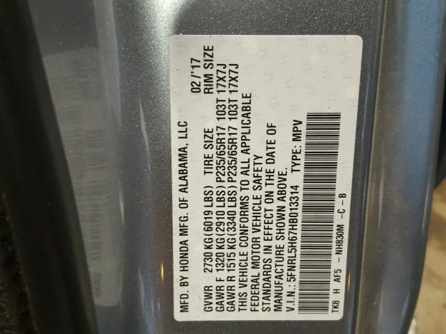 5FNRL5H67HB013314 - 2017 HONDA ODYSSEY EX SILVER photo 10