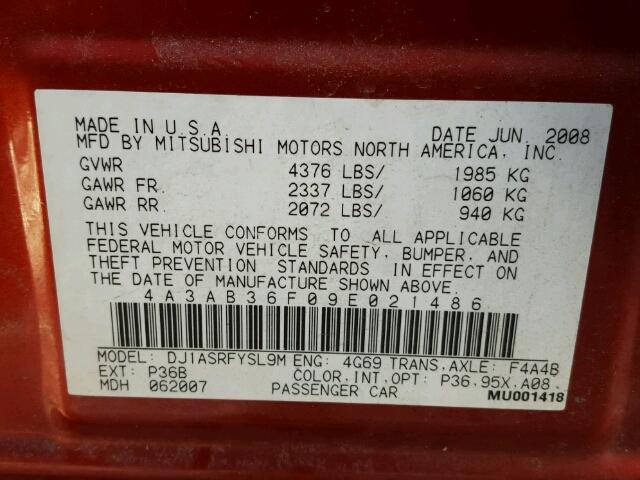 4A3AB36F09E021486 - 2009 MITSUBISHI GALANT ES RED photo 10