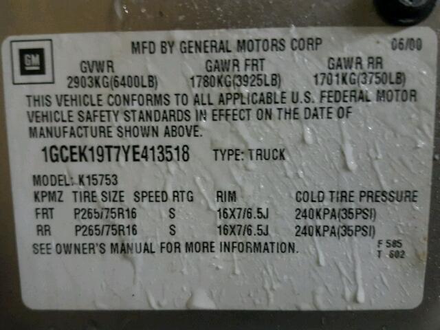 1GCEK19T7YE413518 - 2000 CHEVROLET SILVERADO SILVER photo 10