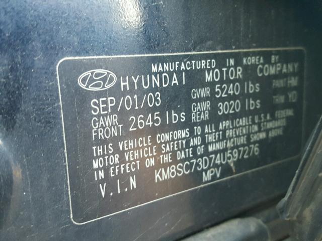 KM8SC73D74U597276 - 2004 HYUNDAI SANTA FE G BLUE photo 10