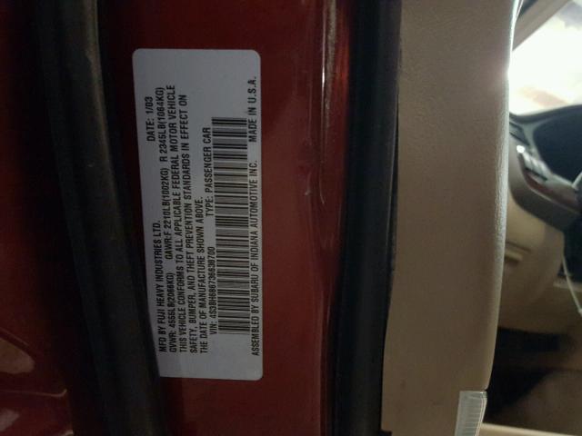 4S3BH686736638700 - 2003 SUBARU LEGACY OUT RED photo 10