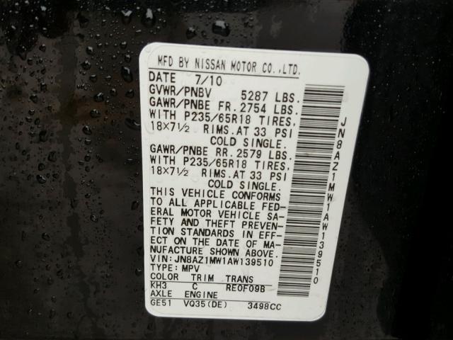 JN8AZ1MW1AW139510 - 2010 NISSAN MURANO S BLACK photo 10