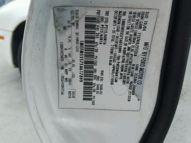 1MEFM55S75A617899 - 2005 MERCURY SABLE LS P WHITE photo 10