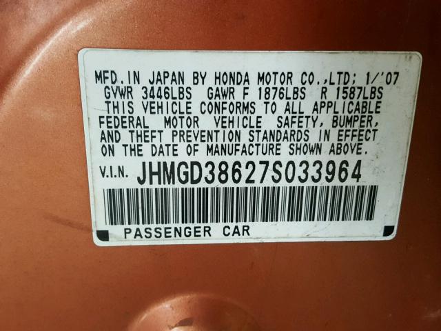 JHMGD38627S033964 - 2007 HONDA FIT S ORANGE photo 10