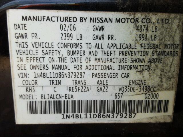 1N4BL11D86N379287 - 2006 NISSAN ALTIMA SE BLACK photo 10