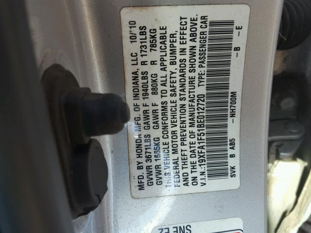 19XFA1F51BE012720 - 2011 HONDA CIVIC LX SILVER photo 10