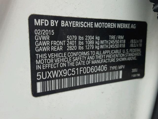 5UXWX9C51F0D60406 - 2015 BMW X3 XDRIVE2 WHITE photo 10