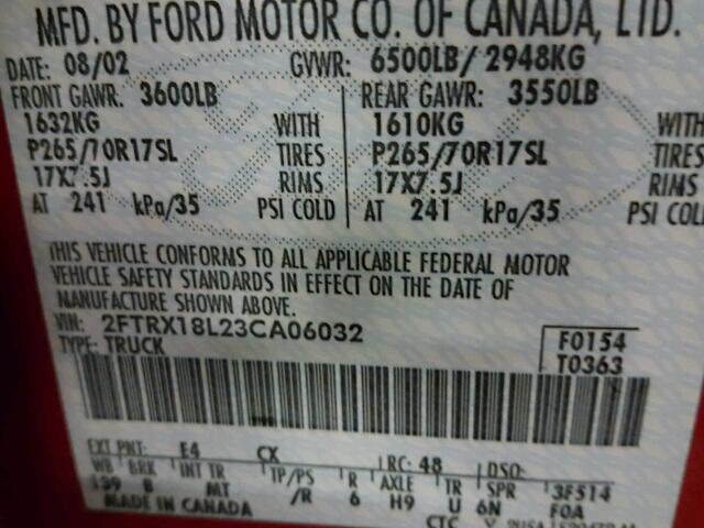 2FTRX18L23CA06032 - 2003 FORD F150 Կարմիր լուսանկար 10