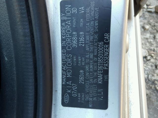 KNAFE161185010016 - 2008 KIA SPECTRA5 5 SILVER photo 10