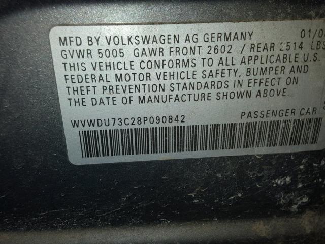 WVWDU73C28P090842 - 2008 VOLKSWAGEN PASSAT VR6 GRAY photo 10