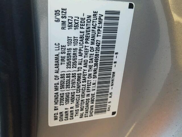 5FNRL38495B120427 - 2005 HONDA ODYSSEY EX SILVER photo 10