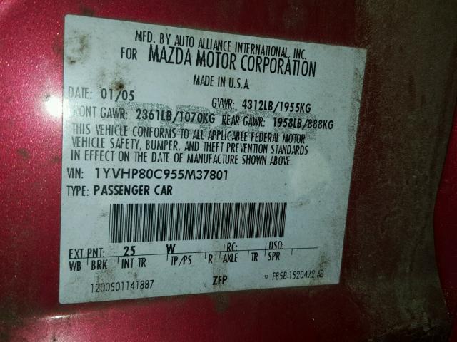 1YVHP80C955M37801 - 2005 MAZDA 6 I RED photo 10