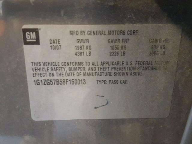 1G1ZG57B58F160013 - 2008 CHEVROLET MALIBU LS GRAY photo 10
