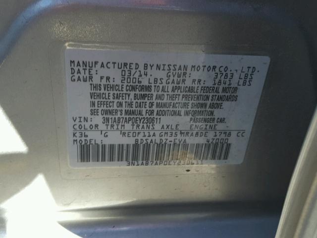 3N1AB7AP0EY230611 - 2014 NISSAN SENTRA S GRAY photo 10