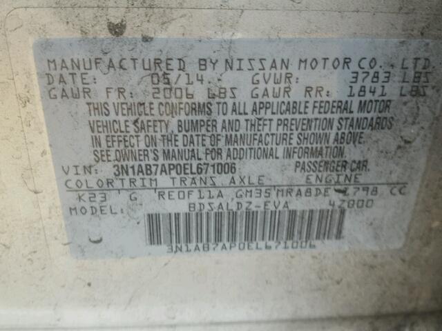 3N1AB7AP0EL671006 - 2014 NISSAN SENTRA S SILVER photo 10