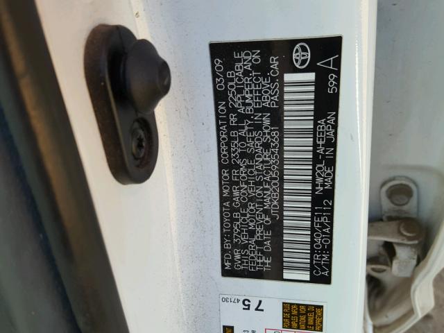 JTDKB20U593543681 - 2009 TOYOTA PRIUS WHITE photo 10